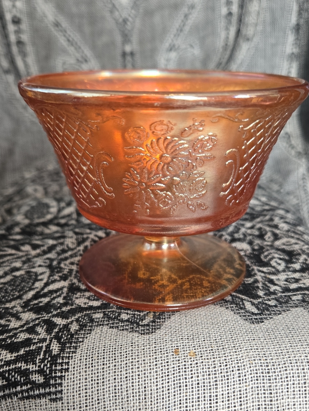 Carnival Glass, vintage Marigold hue; small Candy,Trinket, Compote pedestal Dish